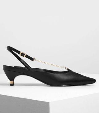 Charles 
Keith + Gold Chain Kitten Heel Pumps