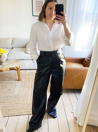 River Island + Faux Leather Wide Leg Pleated Trousers