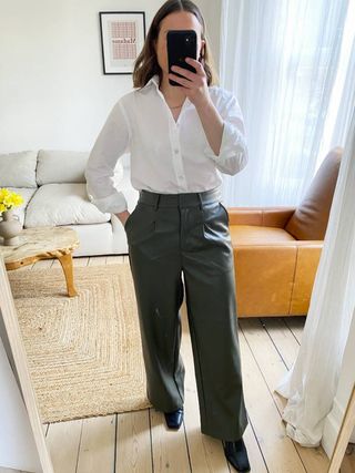 River Island + Petite Khaki Faux Leather Wide Leg Trousers