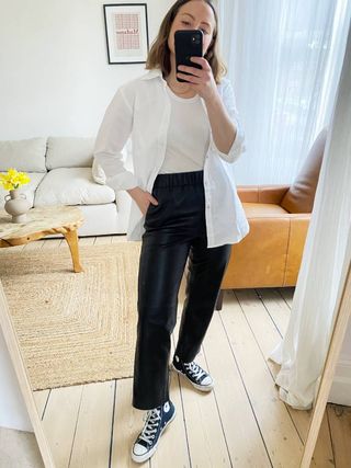 Marks and Spencer + Leather Straight Leg Ankle Grazer Trousers