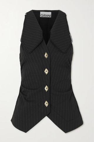 Ganni + Picot-Trimmed Gathered Pinstriped Recycled-Twill Vest