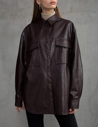 Pixie Market + Brown Vegan Leather Shirt