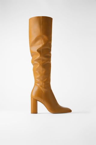 Zara + High-Leg Leather Heeled Boots