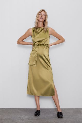 Zara + Satin Dress With Pockets