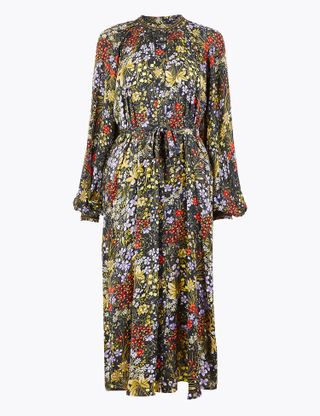 Marks and Spencer + Floral Print Shirt Midi Dress