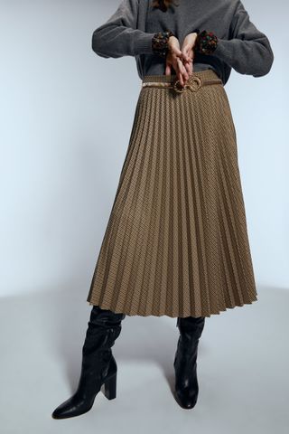 Zara + Pleated Plaid Skirt