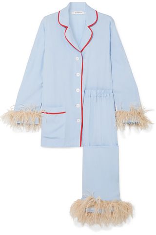 Sleeper + Satin and Feather-Trimmed Crepe de Chine Pajama Set