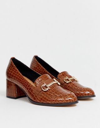 ASOS + Stirrup Heeled Loafers in Croc