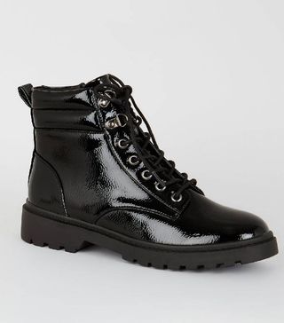 New Look + Black Patent Chunky Hiker Boots
