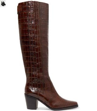 Ganni + Western Croc-Effect Leather Knee Boots