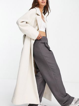 ASOS Edition + Longline Double Breasted Belted Wool Mix Coat in Oatmeal