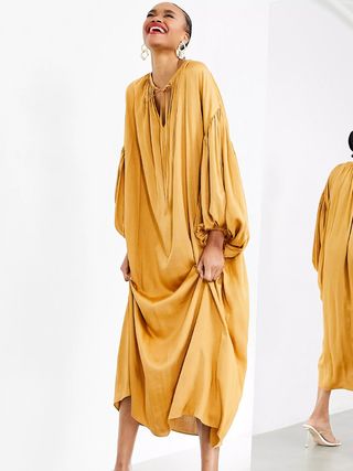 ASOS Edition + Oversized Maxi Dress with Blouson Sleeve in Caramel