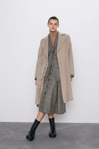 Zara + Belted Coat With Fringe
