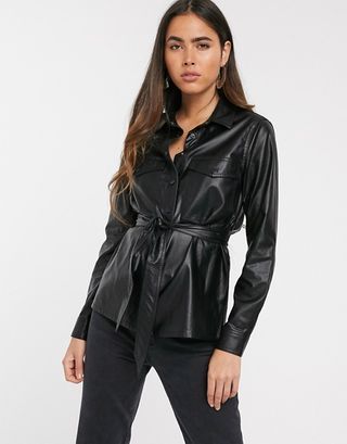 Stradivarius + Faux-Leather Shirt With Tie-Waist