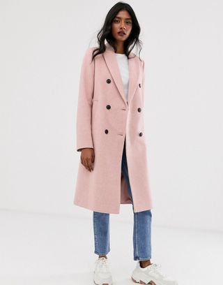 Stradivarius + Double Breasted Long Coat in Pink