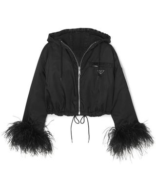 Prada + Reversible Cropped Feather-Trimmed Denim and Nylon Jacket