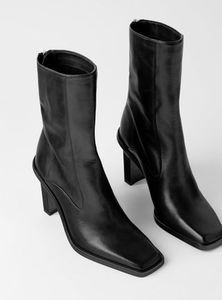 Zara + Heeled Leather Square Toe Ankle Boots