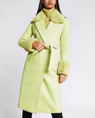 River Island + Lime Faux Fur Trim Belted Robe Coat