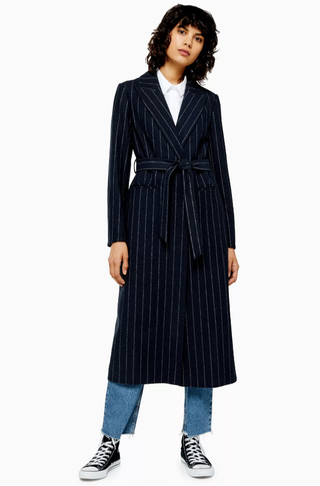 Topshop + Navy Pinstripe Belted Coat With Wool