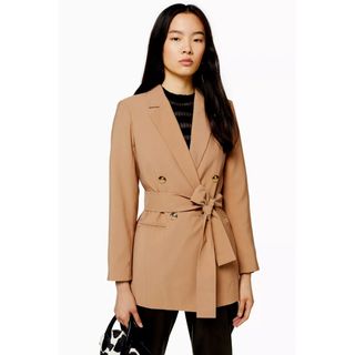 Topshop + Camel Double-Breasted Belted Blazer