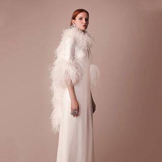 Elie Saab + Long Cady Dress With Feather Detailing