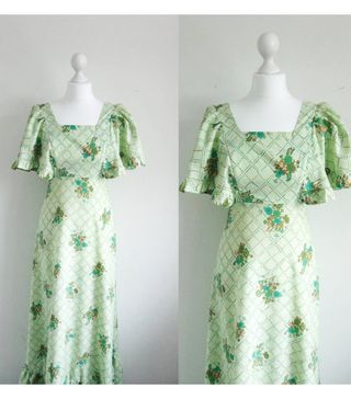 Vintage + 70s Green Floral Boho Dress