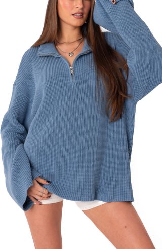 Edikted + Amour Oversize Knit Quarter Zip Cotton Pullover