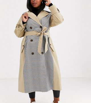 ASOS Curve + Trench Coat With Checked Splicing