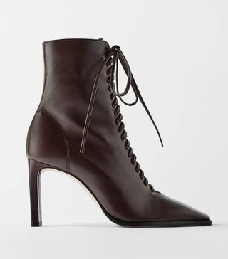 Zara + Lace-Up Leather High-Heel Ankle Boots