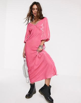 ASOS + V Front V Back Puff Sleeve Velvet Maxi Dress