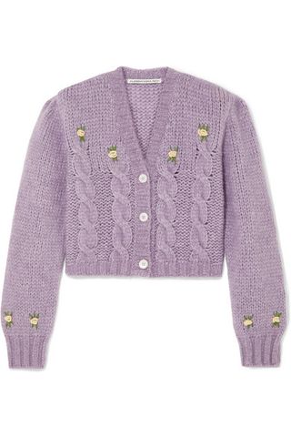 Alessandra Rich + Cropped Embroidered Cable-Knit Alpaca-Blend Cardigan
