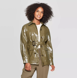 Who What Wear x Target + Long Sleeve Turnover Collar Front Button-Down Patent Cargo Jacket
