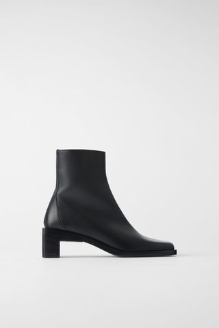Zara + Heeled Leather Square Toe Boots