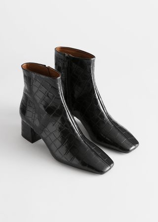& Other Stories + Croc Embossed Leather Square Toe Boots