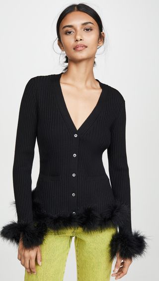 Opening Ceremony + Ribbed Cardigan With Feather Trim