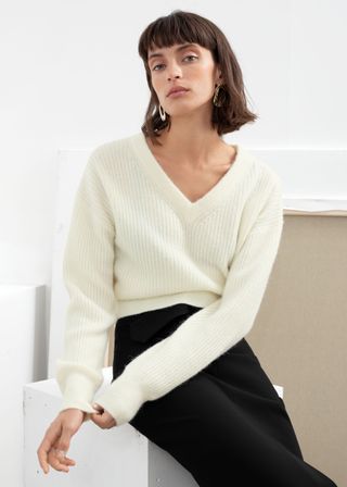 & Other Stories + Ribbed V-Neck Wool Blend Sweater