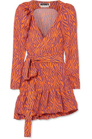 Rotate Birger Christensen + Zebra-Print Twill Wrap Mini Dress