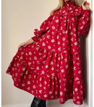 Laura Ashley + Ditsy Floral Red Smock Prairie Dress Pie Frill