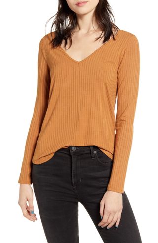 Love, Fire + Ribbed Double V-Neck Top