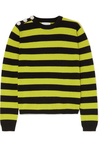 Ganni + Button-Embellished Striped Cashmere Sweater