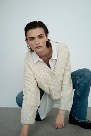 Zara + Cable-Knit Patchwork Cardigan
