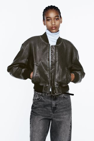 Zara + Distressed Faux Leather Jacket