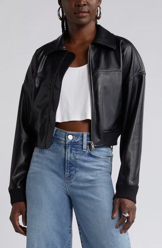 Open Edit + Faux Leather Crop Bomber Jacket