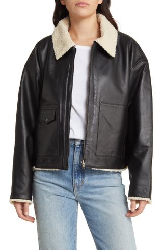 Treasure & Bond + Reversible Faux Shearling Collar Leather Jacket