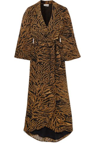 Ganni + Tiger-Print Georgette Wrap Dress