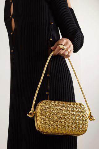 Bottega Veneta + Knot-Embellished Metallic Intrecciato Plissé Leather Shoulder Bag