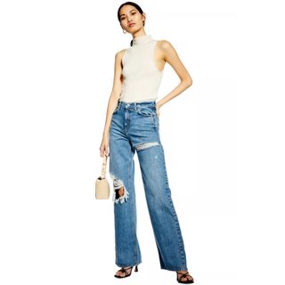 Topshop + Mid Blue Ripped Slim Wide Jeans