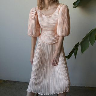 Vintage + Fortuny Pink Puff Sleeve Pleated Dress