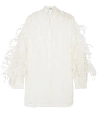 Valentino + Feather-Trimmed Ruffled Silk-Organza Blouse