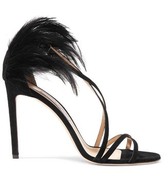 Jimmy Choo + Belissa 100 Feather-Trimmed Suede Sandals